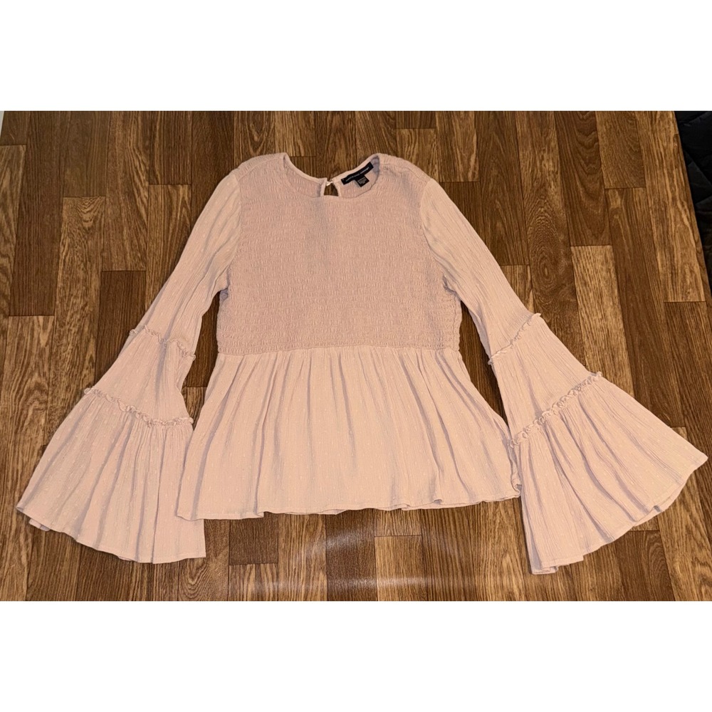 American Eagle Pink Smocked Clip Dot Tiered Bell Sleeve Peplum Blouse‎ XS